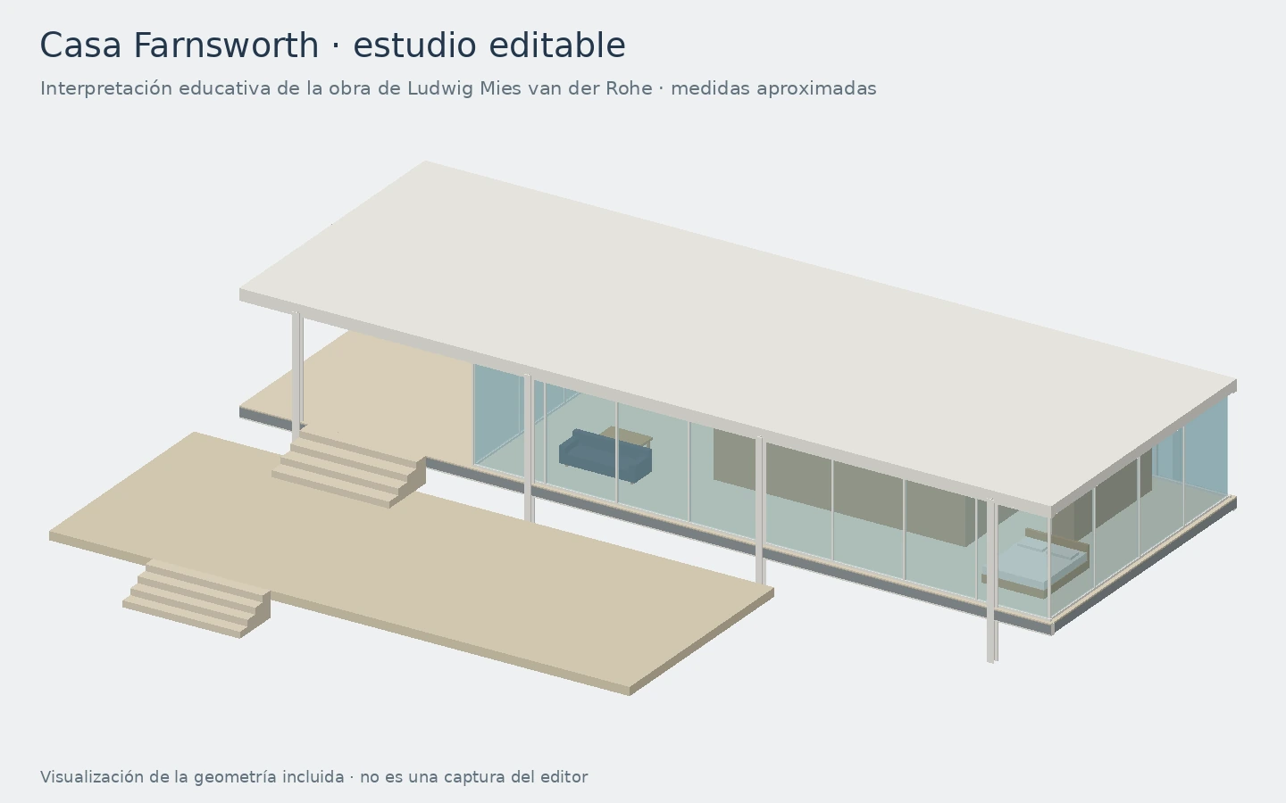 Vista del modelo de estudio de la Casa Farnsworth incluido en ESQUECHAT 0.7, con plataformas elevadas, estructura blanca y cerramientos de vidrio.